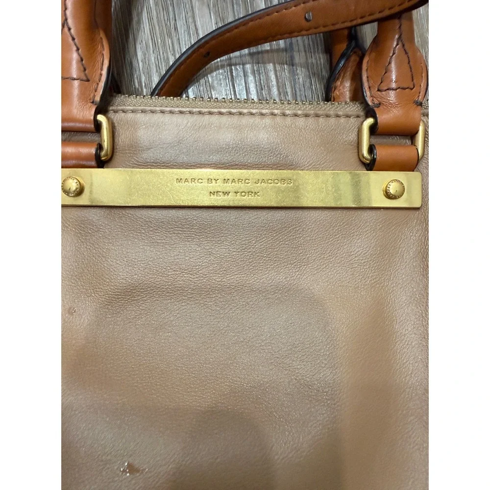 Marc by Marc Jacobs Tri-Color Leather Satchel Crossbody Bag Tan Cream Gold